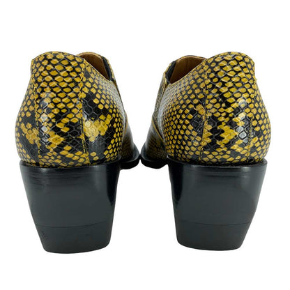 Yellow & Black Snake Embossed Almond Toe Chunky Heeled Ankle Boots