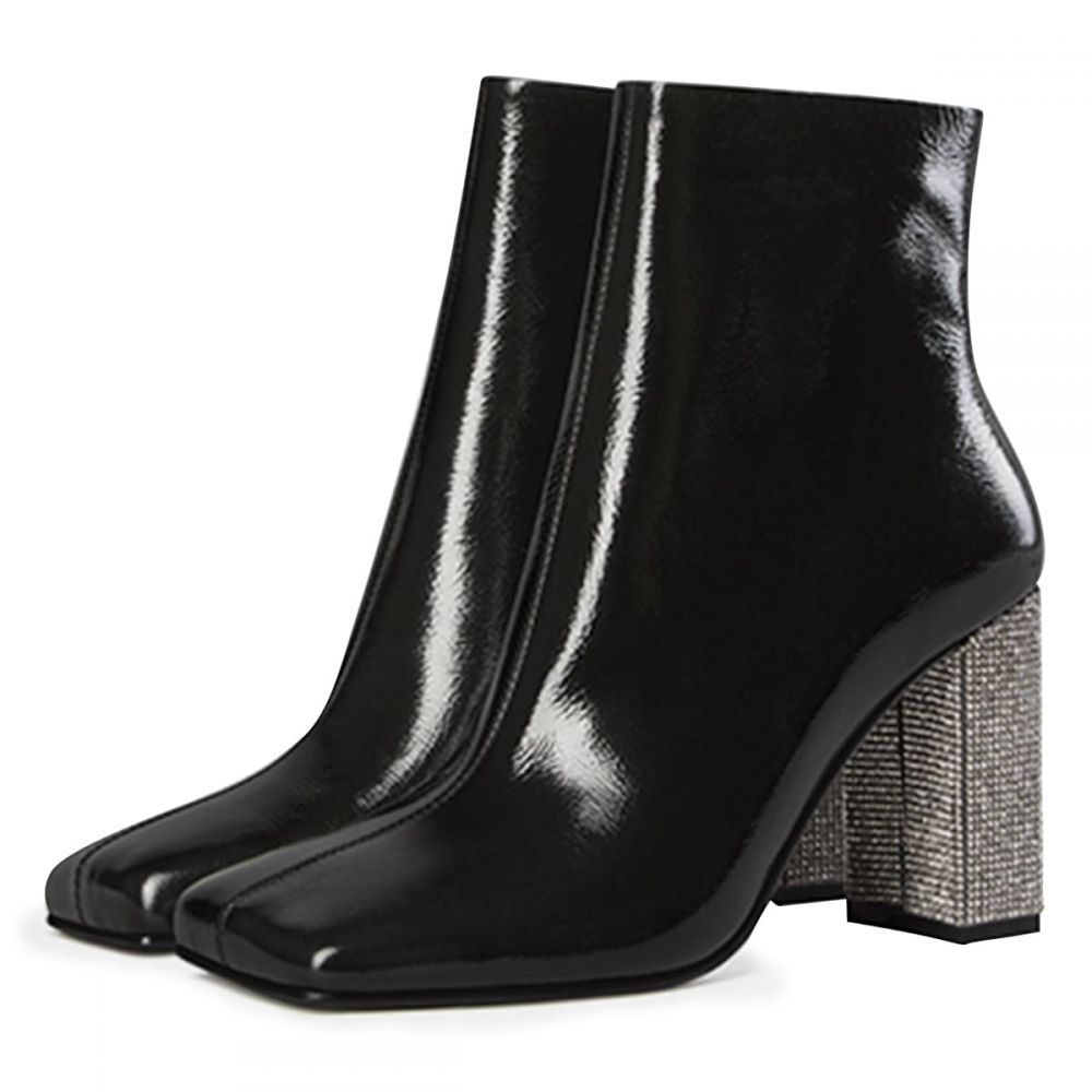 Trendy Black Square Toe Sparkly Chunky Heel Ankle Boots with Zip
