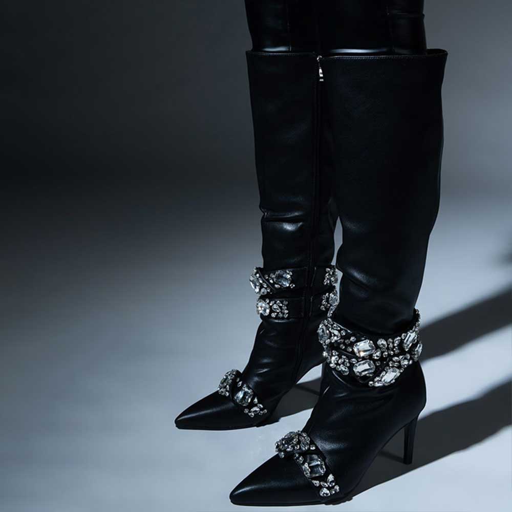FSJ Black Pointed Toe Stiletto Mid Calf Boots with Crystal Band