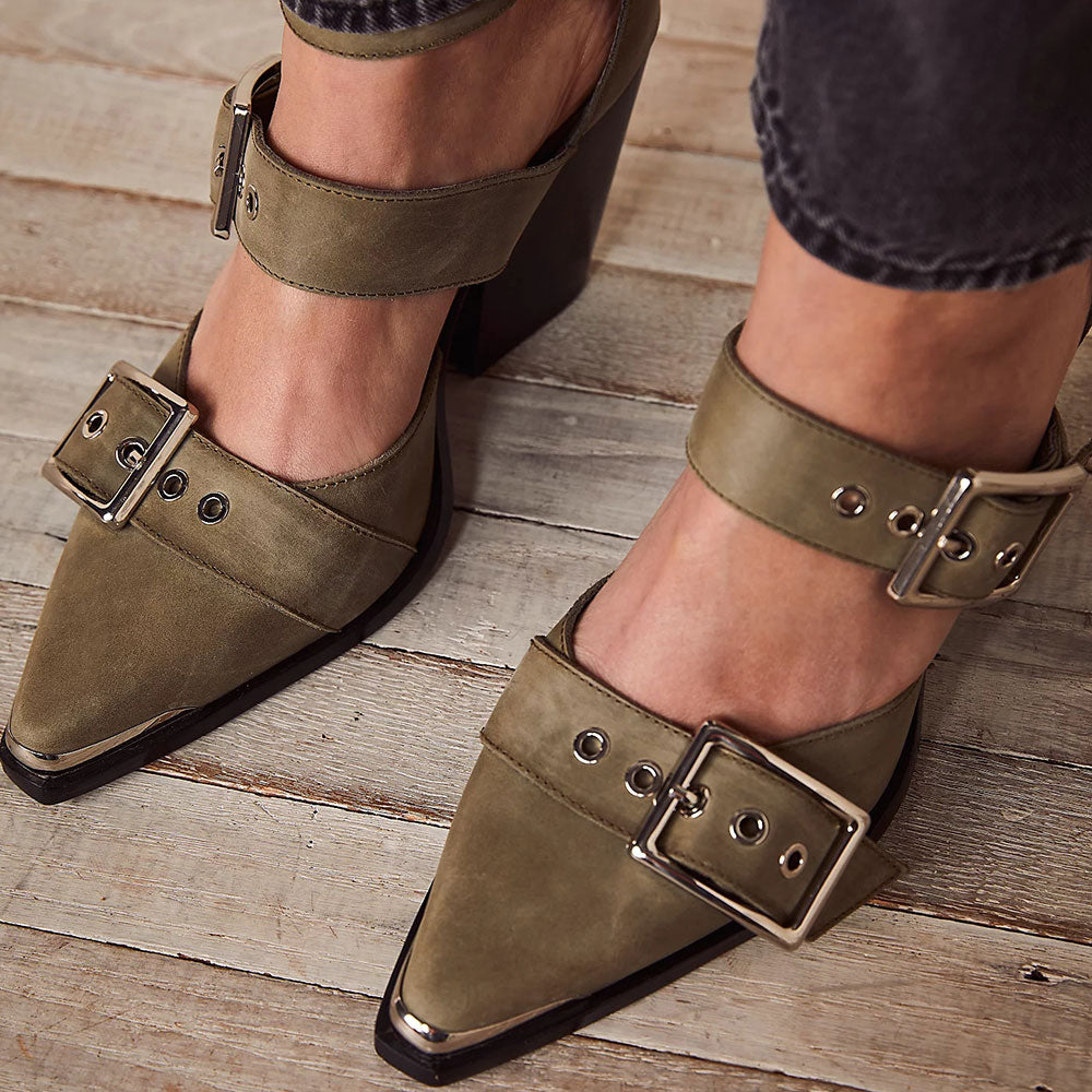 Women's Olive Pointed Toe Triple Strap Block Heel Pumps with Buckles