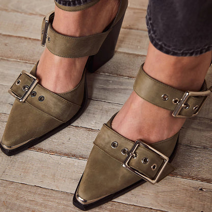 Women's Olive Pointed Toe Triple Strap Block Heel Pumps with Buckles