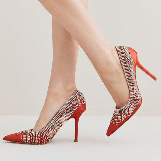 Women's Satin Pointed Toe Rhinestone Fringe Pumps Heels in Orange