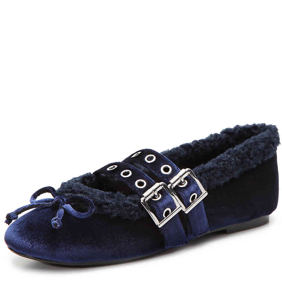 FSJ Velvet Faux Fur Lined Comfy Ballet Flats in Navy Blue