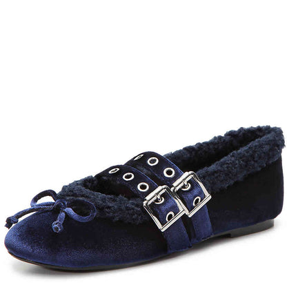 FSJ Velvet Faux Fur Lined Comfy Ballet Flats in Navy Blue