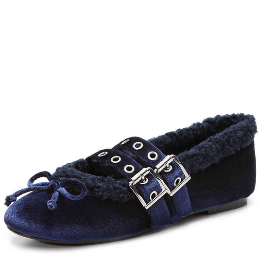 FSJ Velvet Faux Fur Lined Comfy Ballet Flats in Navy Blue