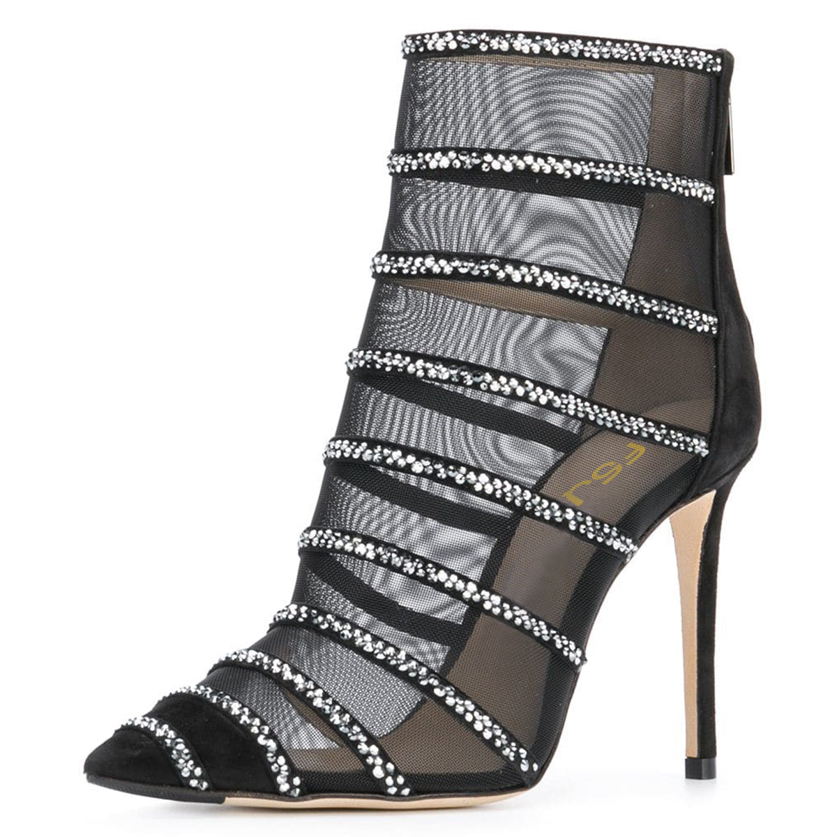 Black Mesh Ankle Boots Pointed Toe Rhinestone Stiletto Heel Booties