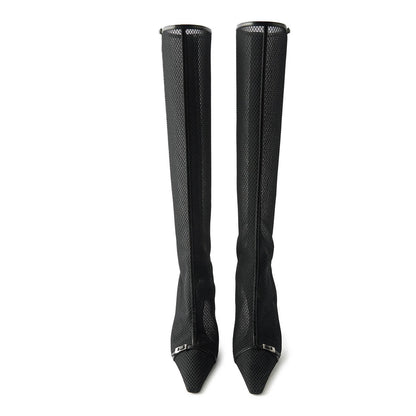 Black Mesh Buckle Strap Pointed Toe Stiletto Heel Zip Knee High Boots
