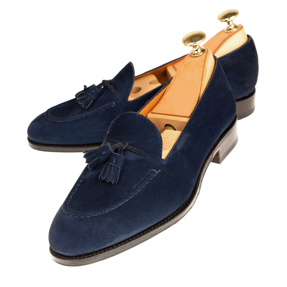 Blue Closed Toe Block Heel Loafers with Fringe