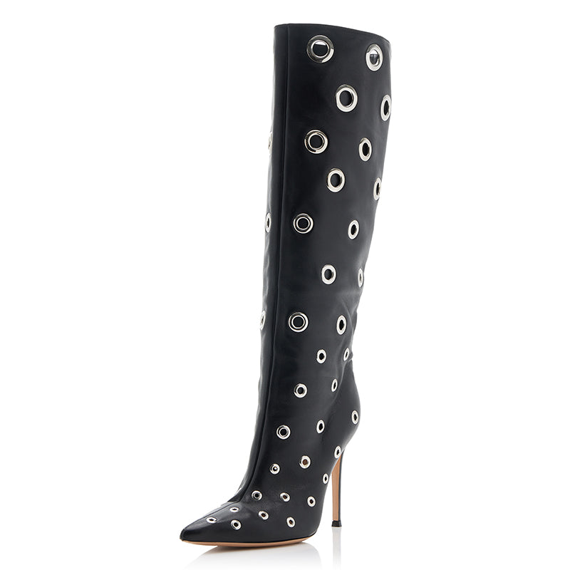 Black Pointed Toe Stiletto Heels Fashion Hollow Out Knee High Boots