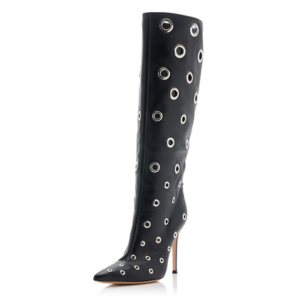 Black Pointed Toe Stiletto Heels Fashion Hollow Out Knee High Boots