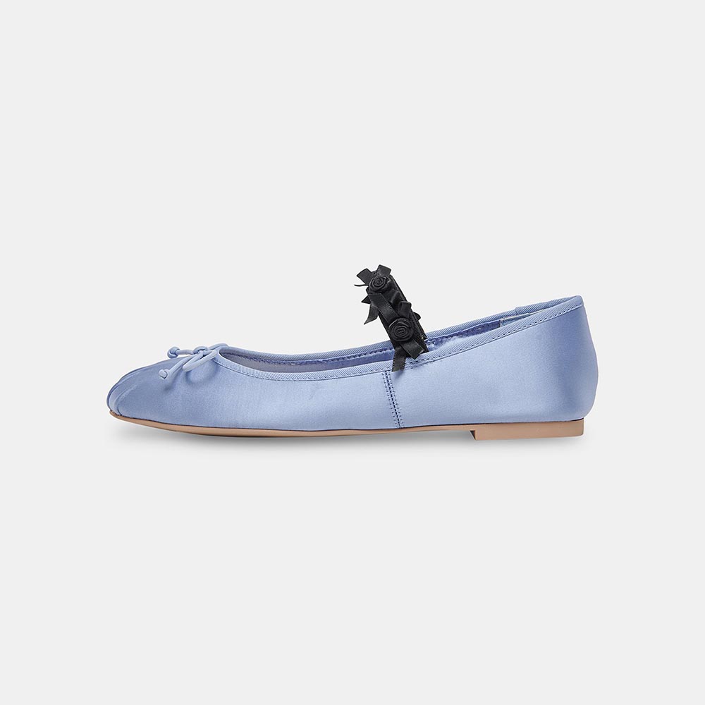 Light Blue Satin Pleated Square Toe Bow Ballet Flats with A Strap