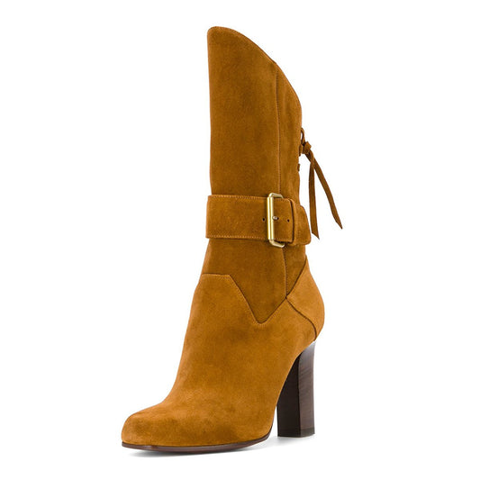 Tan Vegan Suede Back Lace Up Fashion Chunky Heel Mid Calf Boots