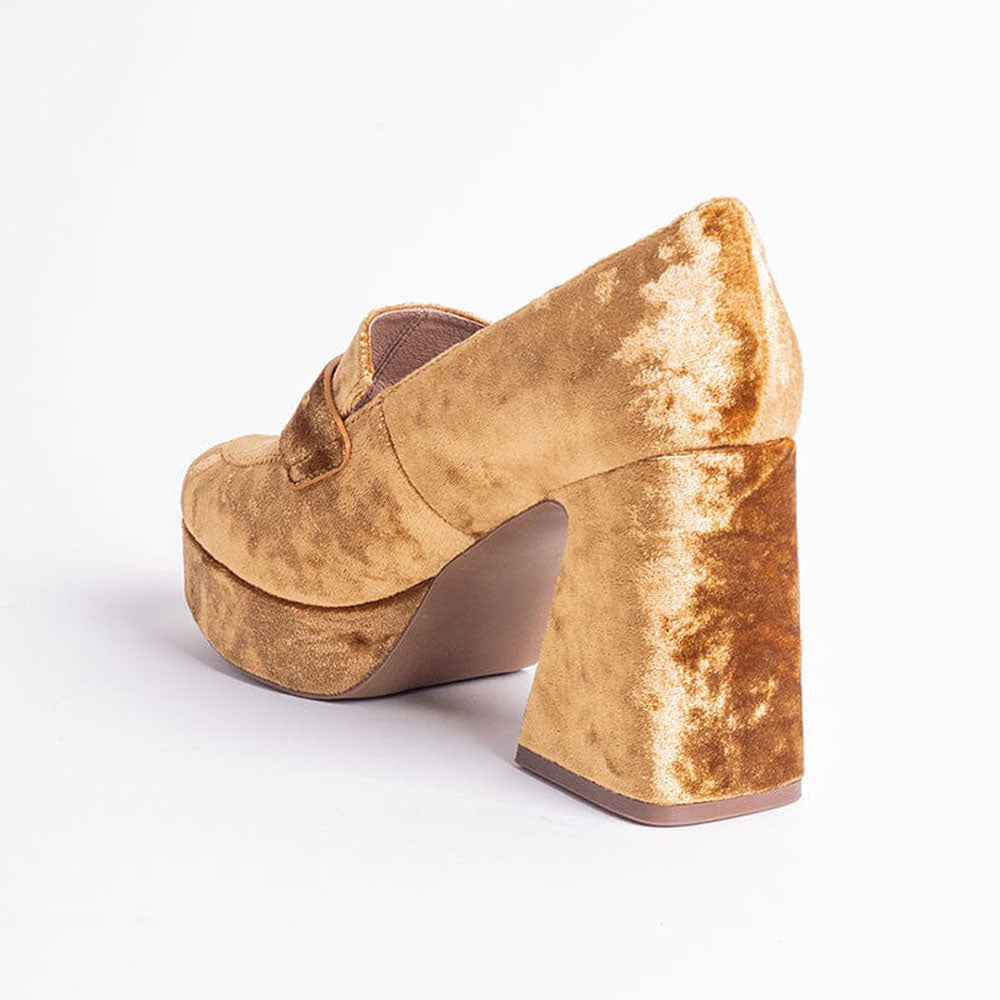 Classy Gold Velvet Block Heel Round Toe Platform Loafers Women