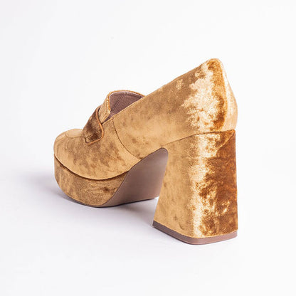 Classy Gold Velvet Block Heel Round Toe Platform Loafers Women