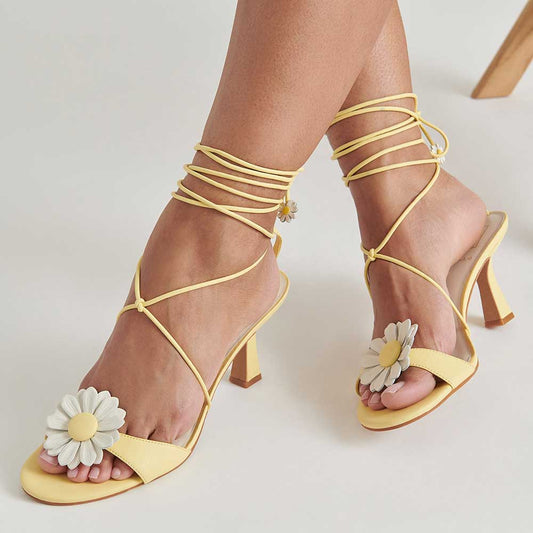 Yellow Open Toe 3'' Flared Heel Floral Cute Strappy Sandals for Women