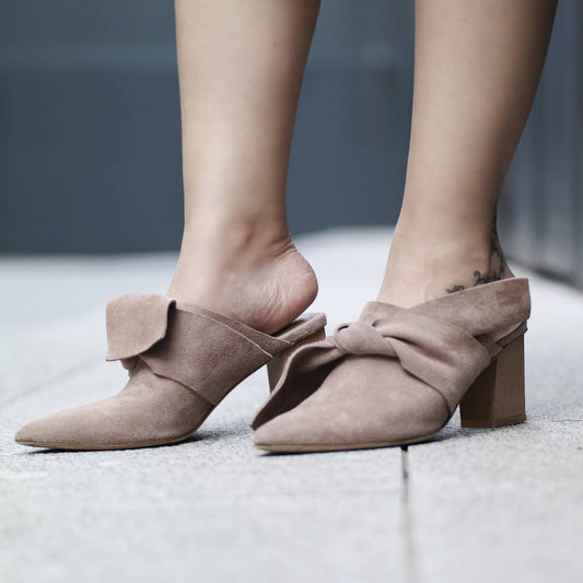 Vintage Brown Vegan Suede Knotted Heeled Mules Shoes