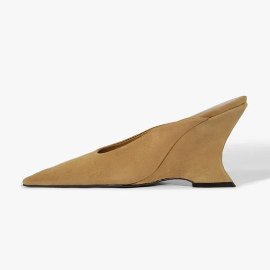 Vegan Suede Wedge Heel Pointed Toe Mules for Women in Tan