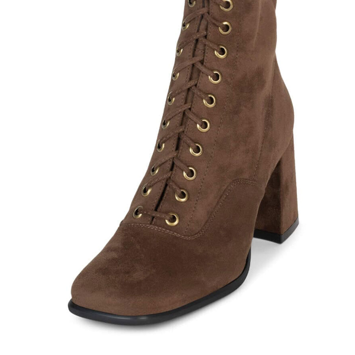 Brown Square Toe Block Heel Knee High Boots with Lace Up Design