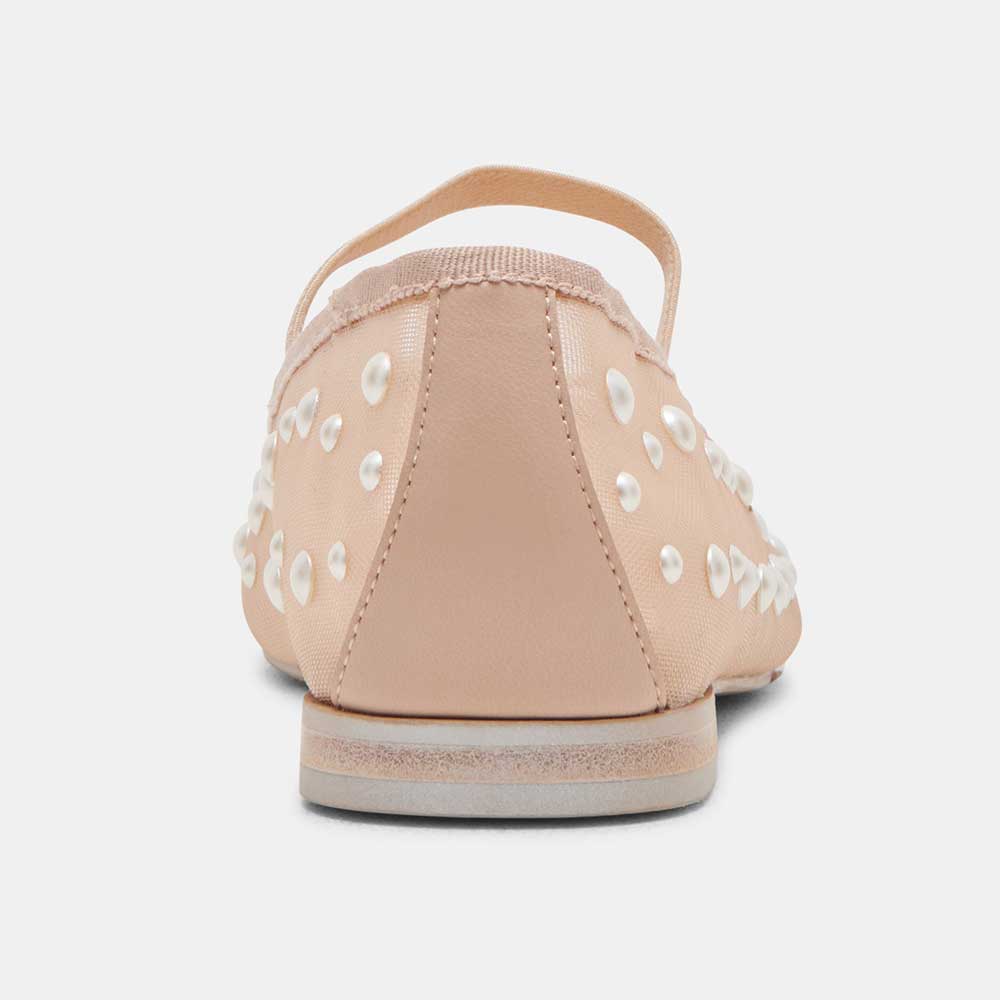Nude Round Toe Bow Decor Mesh Flats with Pearl Embellished