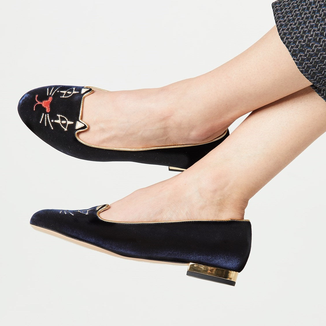 Navy Velvet Round Toe Cute Cat Embroidered Flats for Women