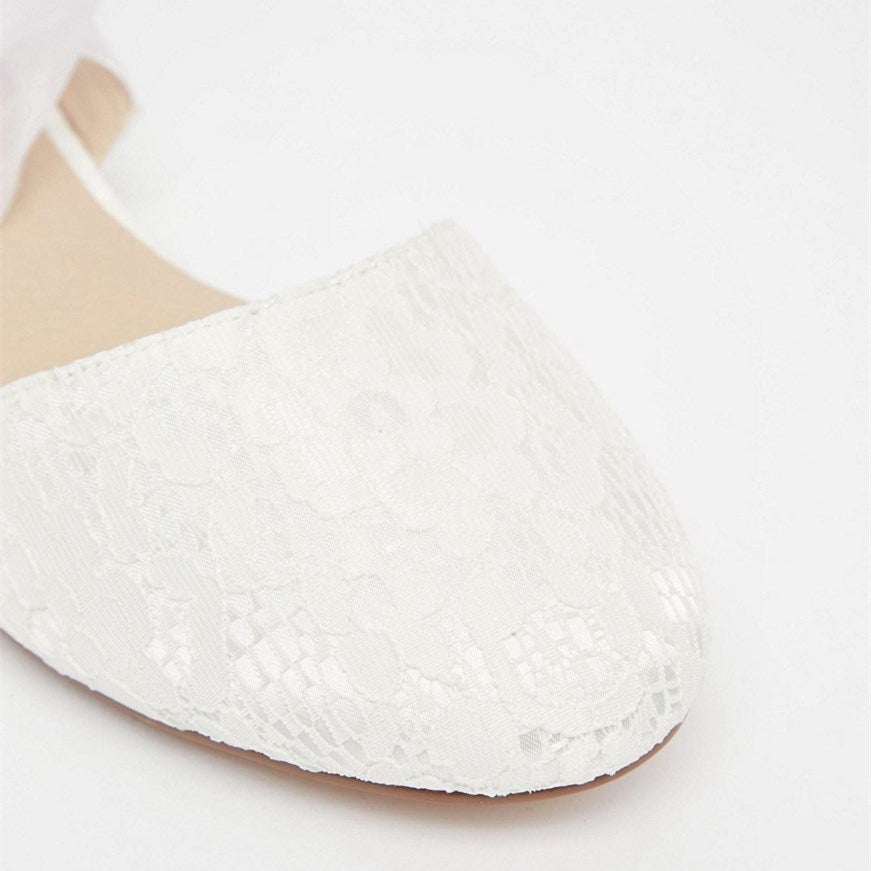 Women's White Lace Round Toe Tie Up Elegant Bride Flats