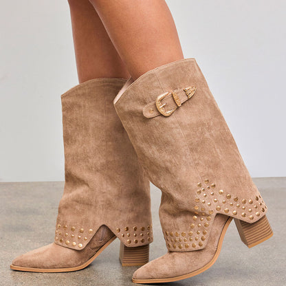 Khaki Vegan Suede Stacked Heel Buckle Studded Fold Over Mid Calf Boots