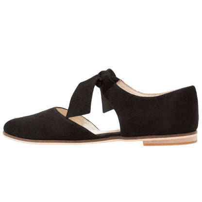 Black Vegan Suede Almond Toe Cutout Lace-Up Flats for Women