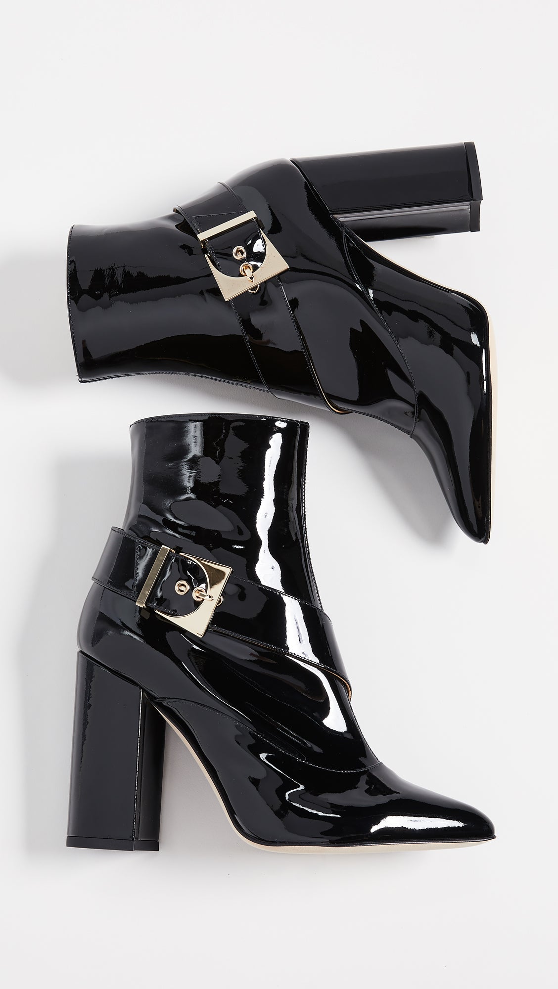 Black Patent Leather Buckle Strap Ankle Boots with Chunky Heels