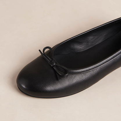 Black Vegan Leather Round Toe Slip-On Ballet Flats with Bow
