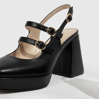 Black Closed Toe 4'' Chunky Heel Strappy Loafers with Platform
