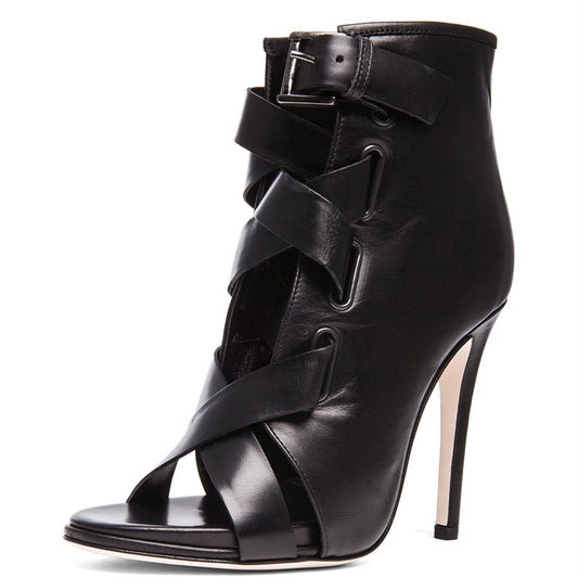 Black Strappy Buckle Peep Toe Booties Stiletto Heel Ankle Boots