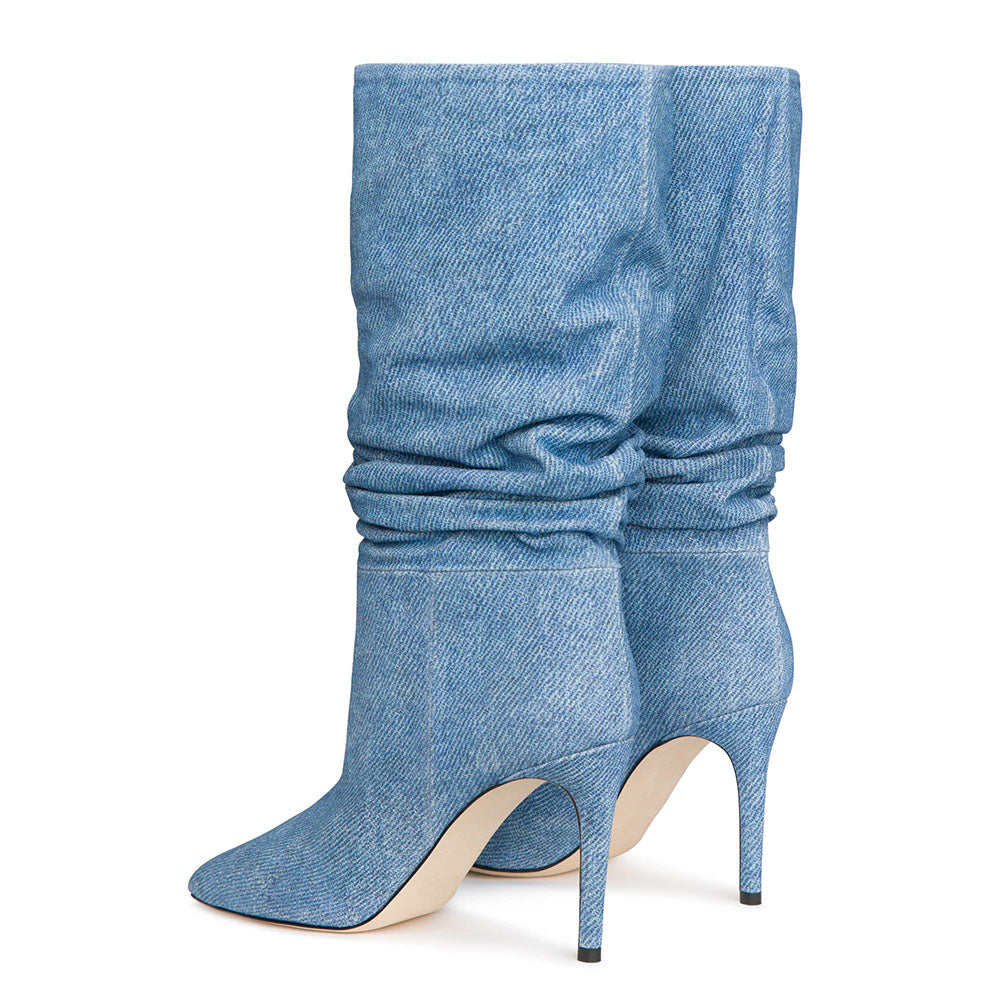 Blue Denim Pointed Toe Stiletto Heel Mid Calf Boots