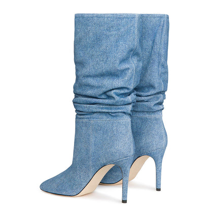 Blue Denim Pointed Toe Stiletto Heel Mid Calf Boots