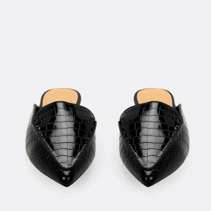 Black Croco Embossed Pointed Toe Mule Loafers for Women