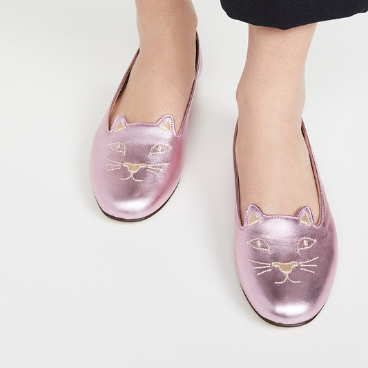 Pink Metallic Kitty Comfortable Flats