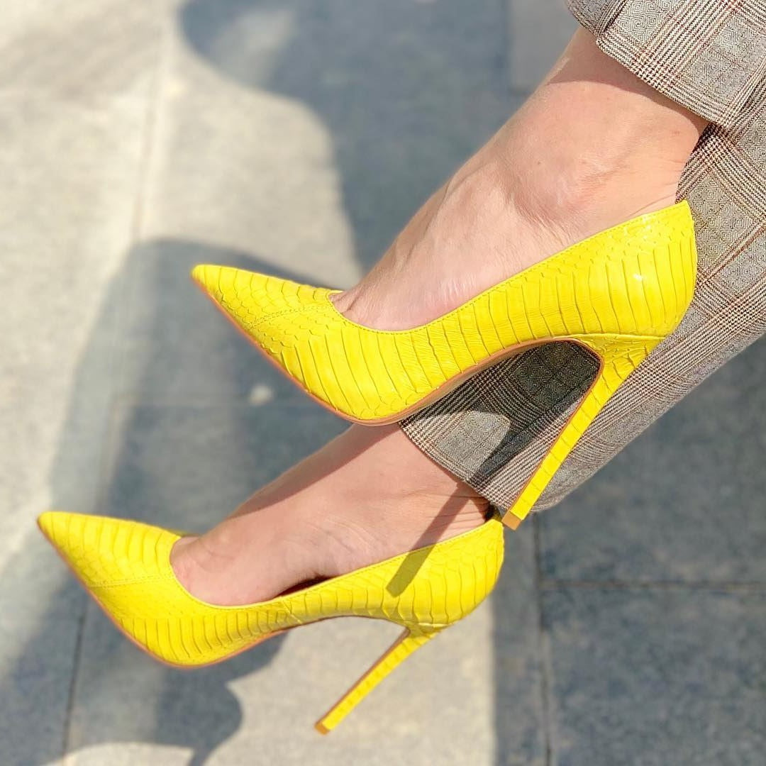 Yellow Vegan Python Embossed Stiletto Heel Pointed Toe Pumps for Women