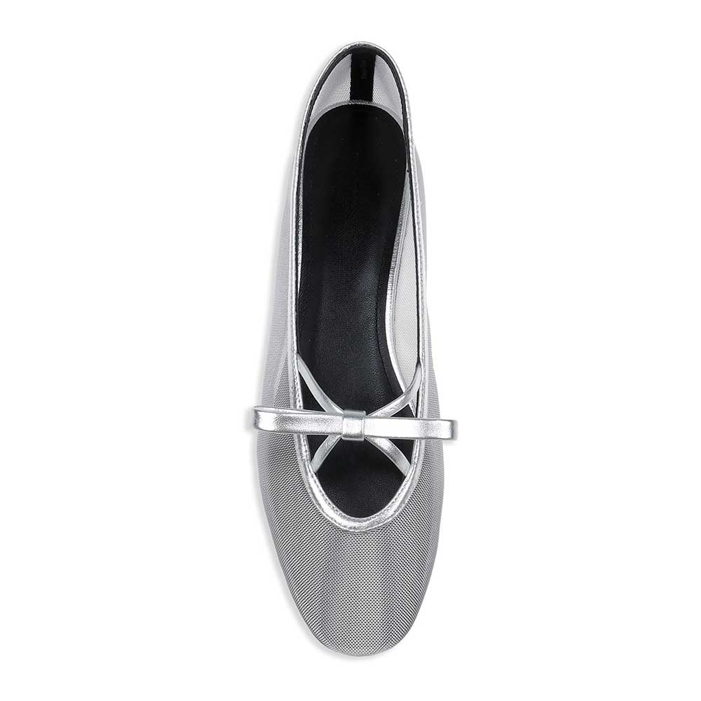 Comfortable Silver Mesh Round Toe Ballet Flats with Bow Decor