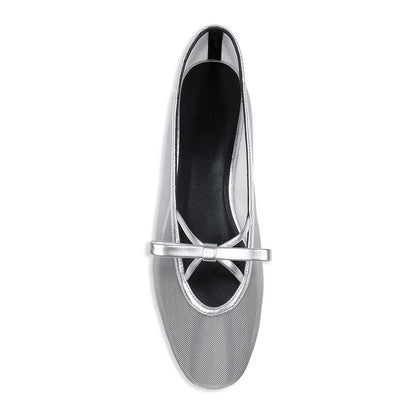 Comfortable Silver Mesh Round Toe Ballet Flats with Bow Decor