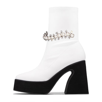 Women's Square Toe Chunky Heel Pearl Chain White Platform Boots