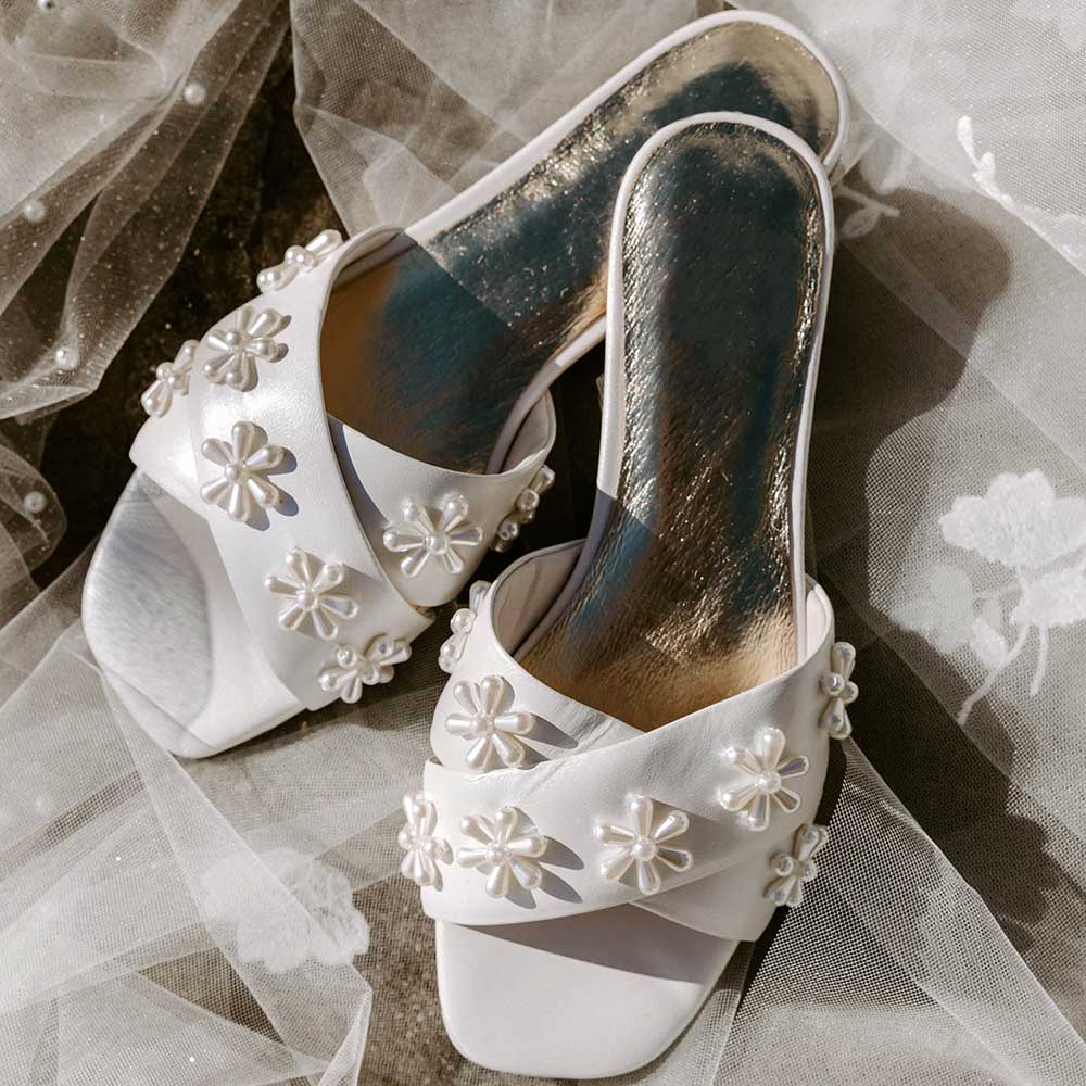 White Satin Square Toe Flat Pearl Inlay Slippers