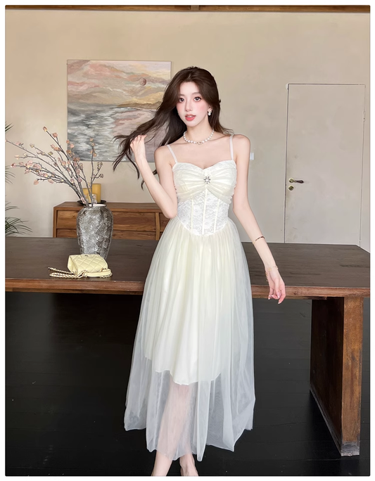 Simple Fashion Mesh Dress Design A-line Long High-waisted Spaghetti Strap Dress TP3331