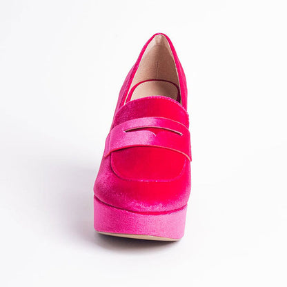 Hot Pink Velvet Round Toe Block Heel Platform Penny Loafers Women