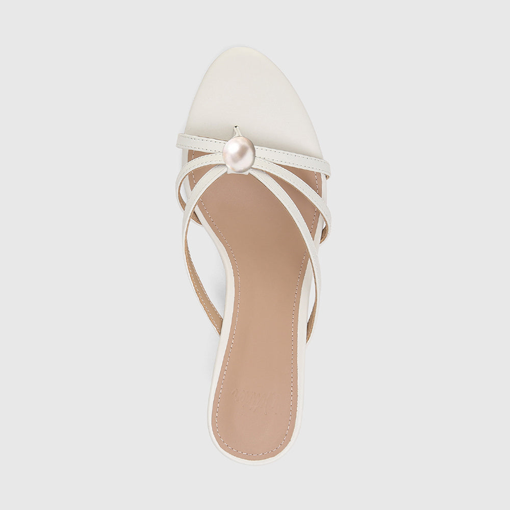 White Vegan Leather Rounded Toe Kitten Heel Mules with Pearl