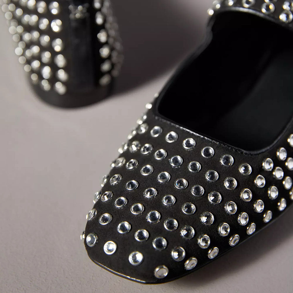 Black Square Toe Studded Buckle Fastening Mary Jane Flats