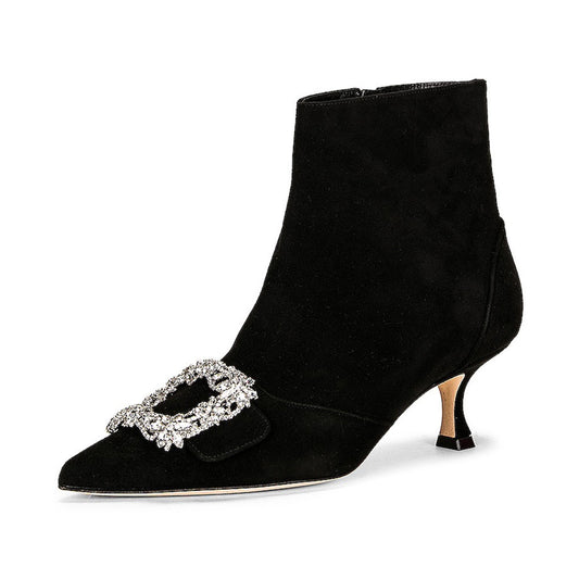 Black Pointed Toe Kitten Heel Ankle Boots with Rhinestone Buckle