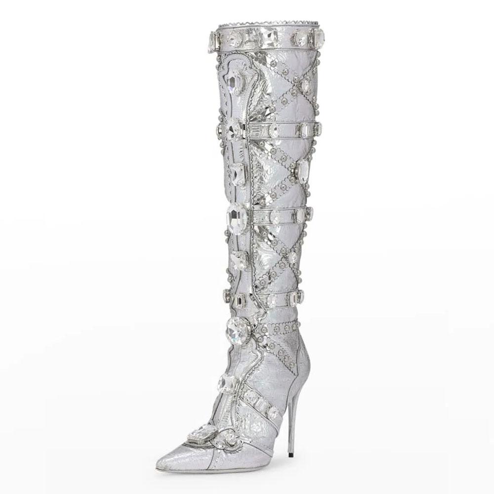 Silver Metallic Rhinestone Embellished Stiletto Heel Knee High Boots