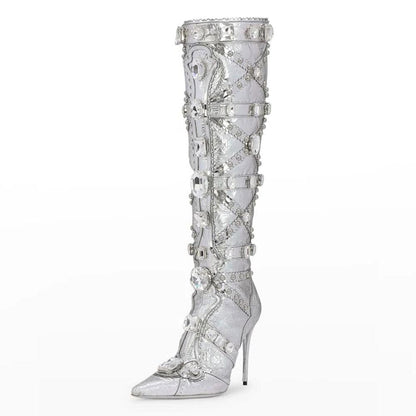 Silver Metallic Rhinestone Embellished Stiletto Heel Knee High Boots