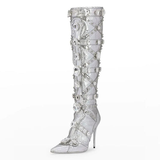 Silver Metallic Rhinestone Embellished Stiletto Heel Knee High Boots