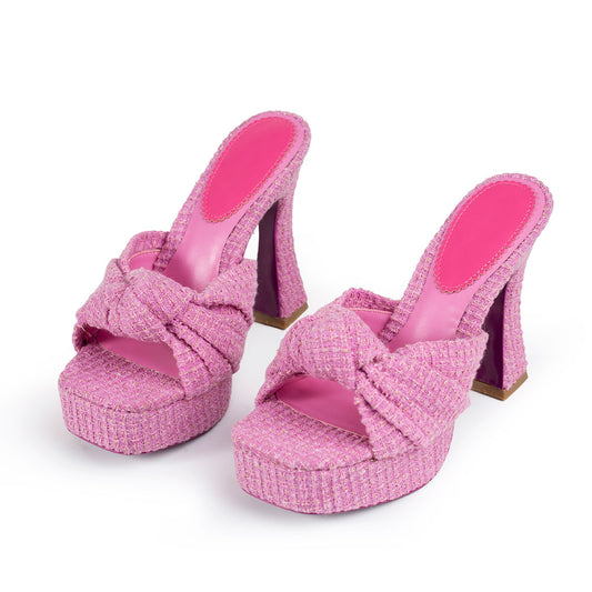 Pink Square Toe Woven Knotted Flared Heel Mules Sandals with Platform