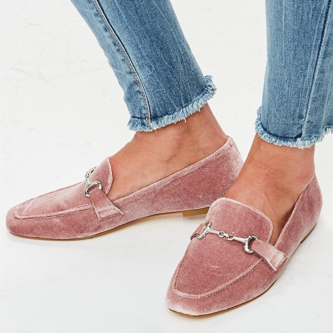 Pink Velvet Square Toe Horsebit Flats Women's Loafers